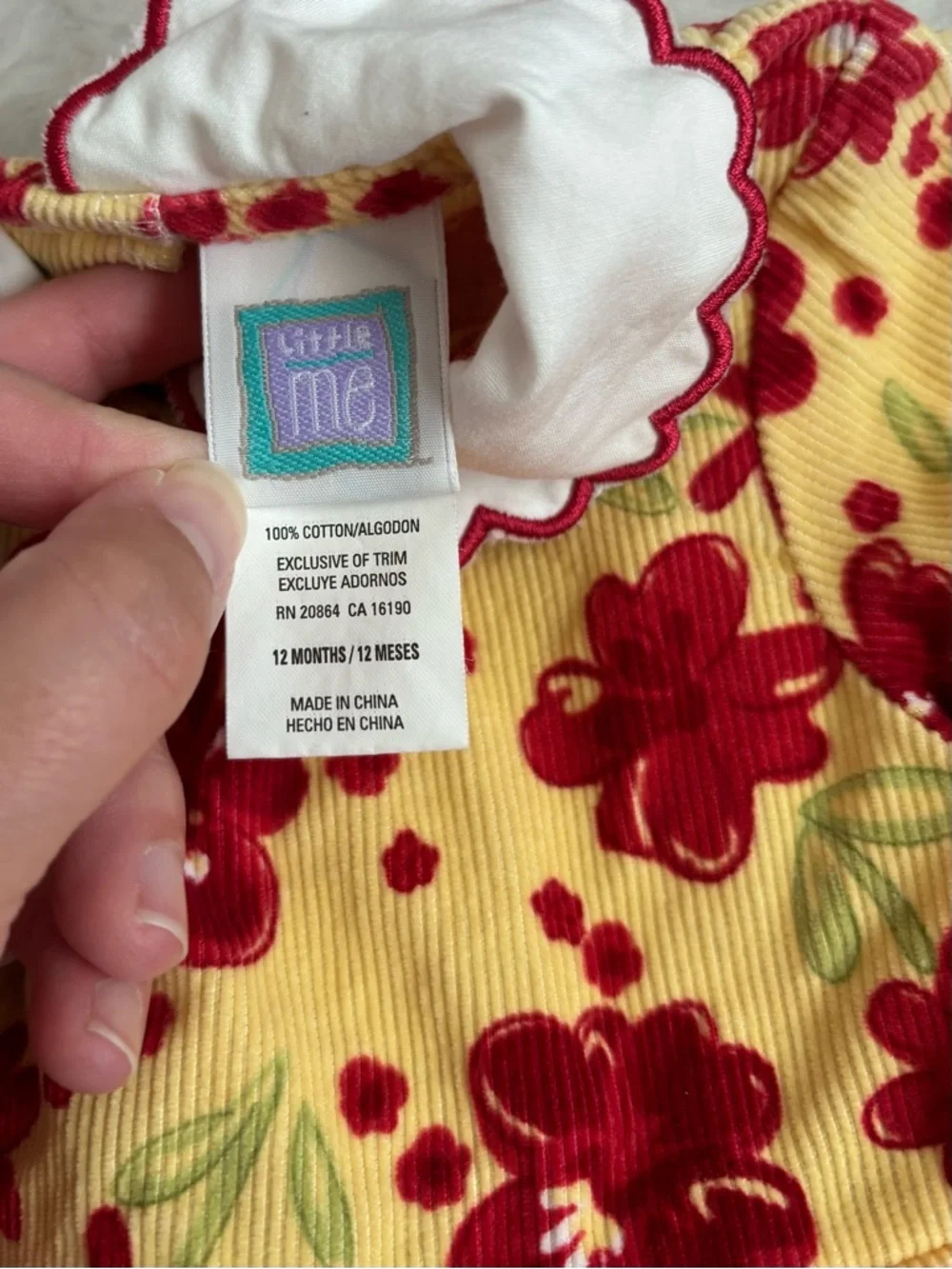 Little Me Vintage Style Yellow Corduroy Baby Girl Dress with Red Floral AOP